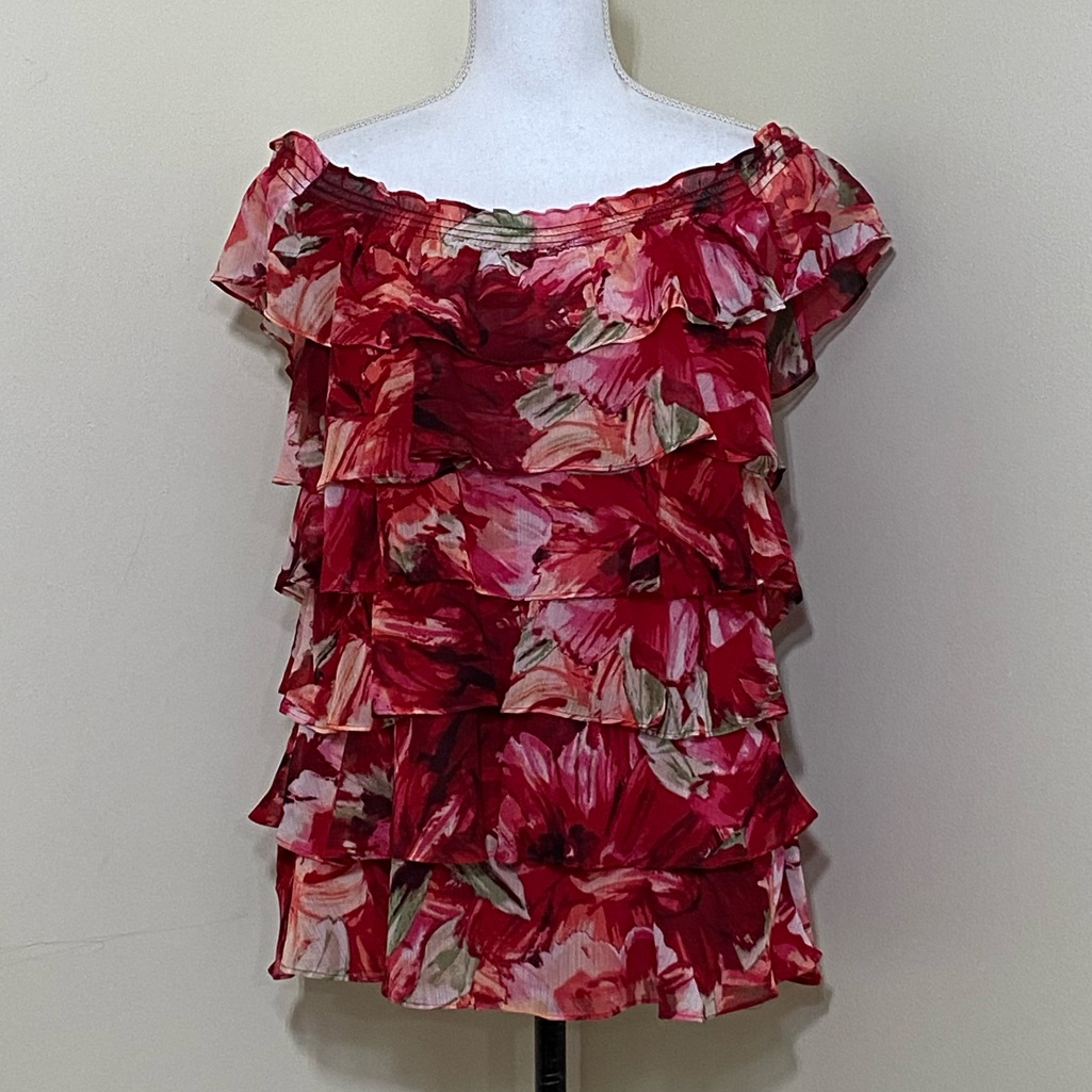 White House Black Market Off Shoulder Tiered Ruffle Blouse Black Sz Large